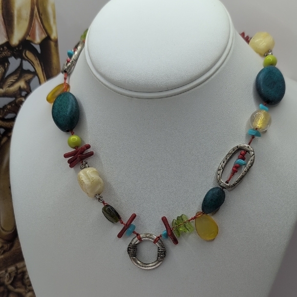 Chico's Blue and Red Beaded Necklace - Picture 1 of 4